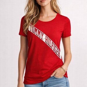 Tommy Hilfiger Small‎ S Red Slub Knit Embroidered Logo Spell Out T-Shirt Tee Top